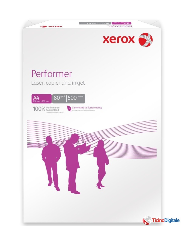 Carta Performer ECF A4 della XEROX  da 80g di colore bianco da 500 pezzi