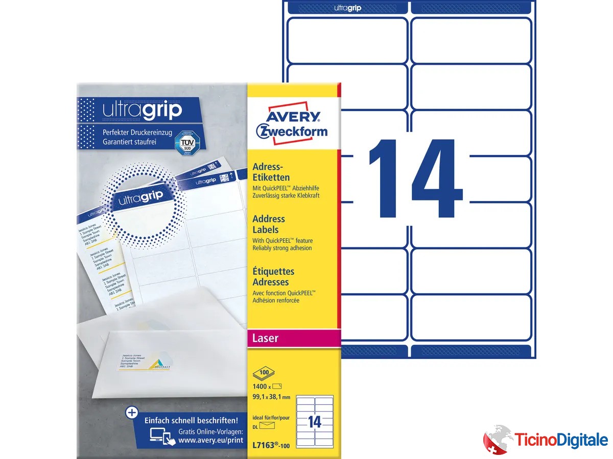Etichette AVERY indirizzi 99,1x38,1mm colore bianco da 1400 pz. per 100 fogli