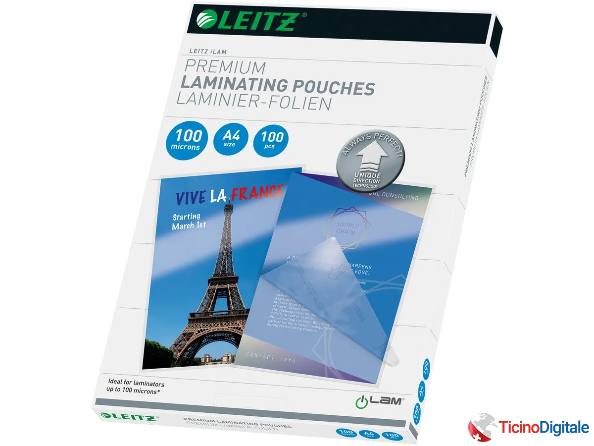 Pelicole per laminazione A4 lucido della LEITZ da 80my (100 pezzi)