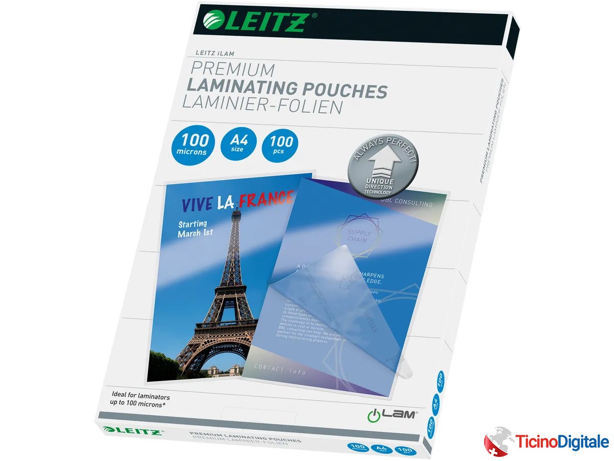 Pelicole per laminazione A4 lucido della LEITZ da 80my (100 pezzi)