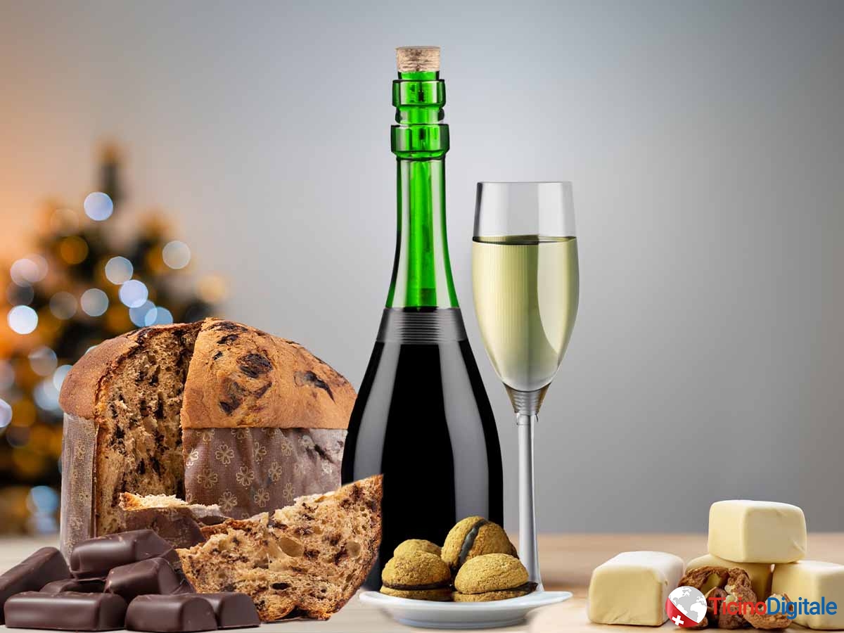 Cesto natalizio con Panettone, spumante, torroncini, baci di dama, cioccolata