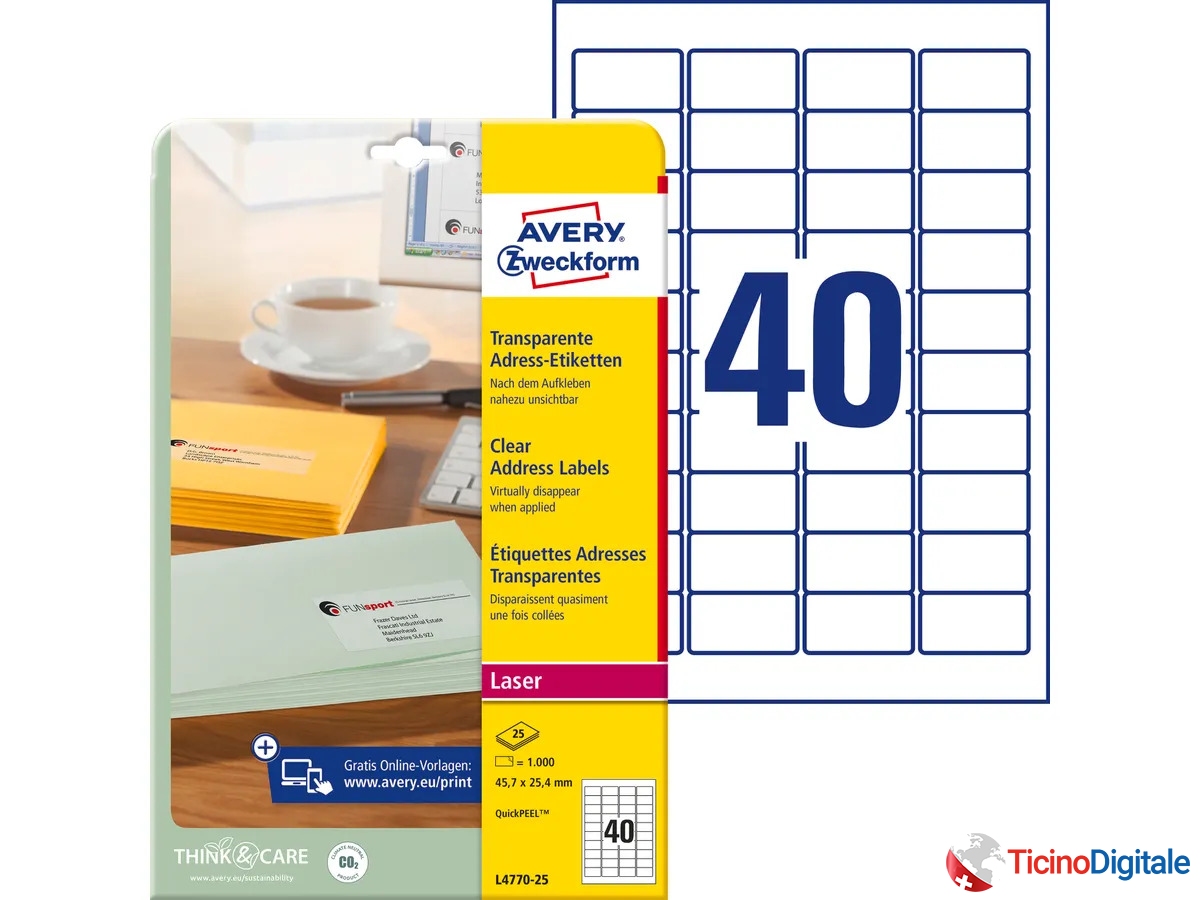 Etichette trasparenti della AVERY ZWECKFORM  45,7x25,4mm...