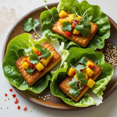 Tacos di Lattuga con Tofu Croccante e Salsa Mango-Piccante